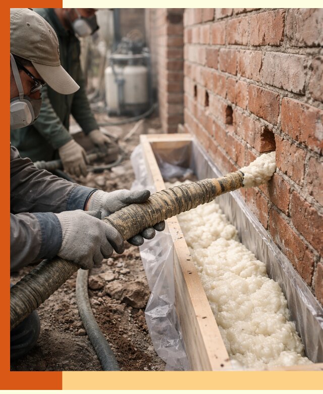 Заливка ППУ в пустоты кирпичной стены в Североуральске