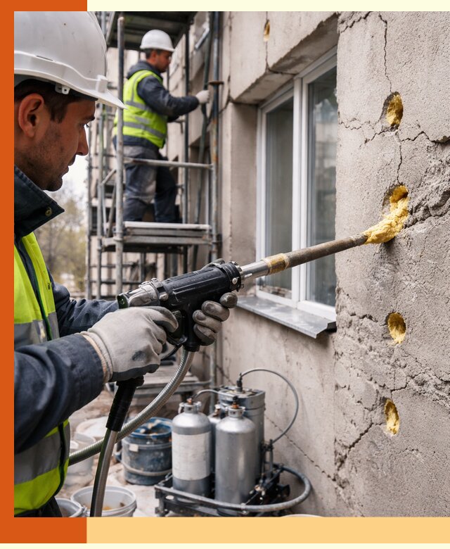 Заполнение пустот в фасаде и утепление стен в Североуральске